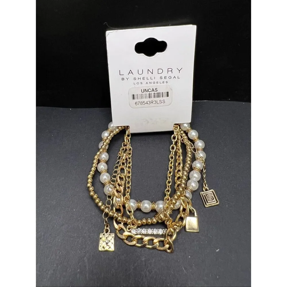 New Laundry by Shelli Segal Gold Toned Chain and Faux Pearl 4 Layering Bracelets